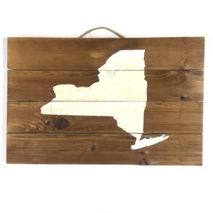New York State Wooden Wall Hanging Home Sign Decor NY Map Brown Wood White